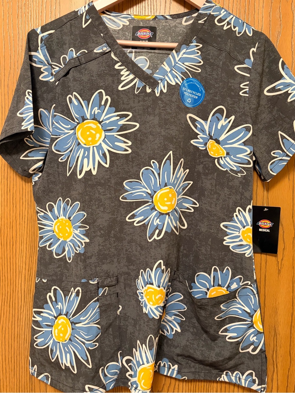 Dickies V-Neck Scrub Top in Dark Gray, Blue & Yellow flowers